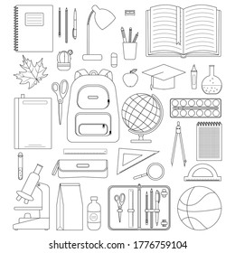School Objects. Black line on white background.