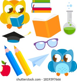 School objects and cute student owls. Vector illustration set