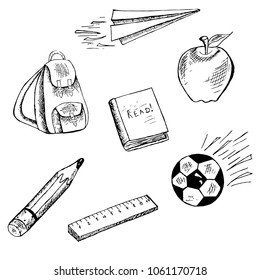 School objects illustration. Ink sketch doodle backpack, paper airplane, apple, measure, pencil, ball stock vector illustration design element for web, for print