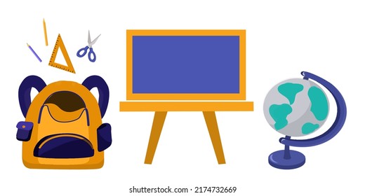 Objetos escolares aislados en un estilo plano: globo, pizarra, mochila escolar, tijeras, lápices, triángulo