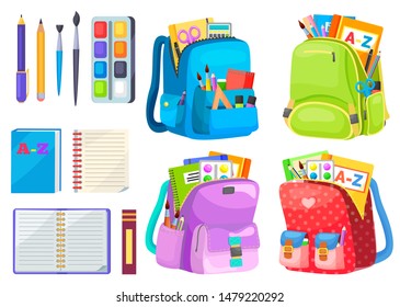 School objects, paints with tassel, colorful pencils, notebook and pen in backpack. Educational equipment, textbook and writing accessory, education. Back to school concept. Flat cartoon isometric 3d