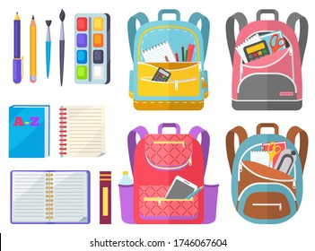 School objects, paints with tassel, colorful pencils, notebook and pen in backpack. Educational equipment, textbook and writing accessory, education. Back to school concept. Flat cartoon