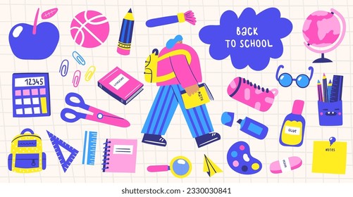 School objects set in cute doodle hand drawn style. Student walking with book surrounded with apple, ball, pencil, scissors, glue, glasses, marker, eraser, note paper, backpack, brush, calculator