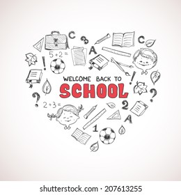 School objects in the shape of heart. Back to school design concept. Included symbols: notebook, ruler, book, football, question mark etc.