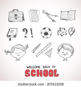 School objects, sketch style. Back to school design concept. Included symbols: notebook, ruler, book, football, question mark etc.