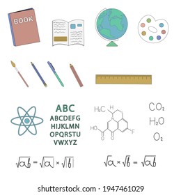 School objects and subjects linear set.