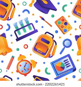 School Objects And Supplies Design With Backpack, Alarm Clock, Graduation Hat And Bell Vector Seamless Pattern