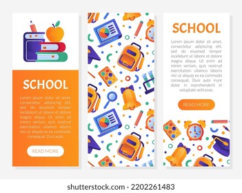 School Objects and Supplies Design with Backpack, Alarm Clock, Book and Bell Vector Template