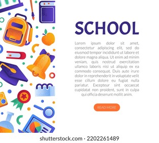 School Objects and Supplies Design with Backpack, Flask and Bell Vector Template