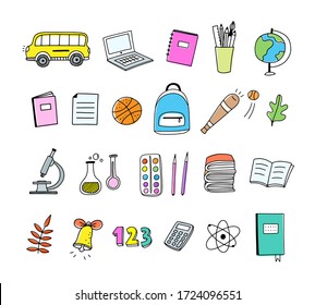 School objects and symbols vector set. Hand drawn school illustrations isolated on white background. Learning collection for kids