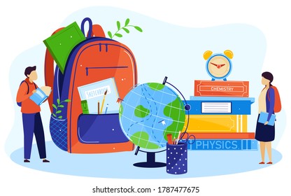 School objects vector illustration. Cartoon flat tiny boy girl children characters standing with school textbook in hand, backpack, globe and books pile. Primary elementary education isolated on white