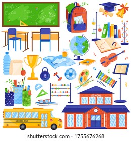 School objects vector illustration icon set. Cartoon flat equipment collection of stationery tool supplies for student, book or backpack, school college education building and bus isolated on white