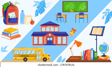 School objects vector illustration set. Cartoon flat education supplies or tools collection with green class schoolboard, schoolbooks stack on desk workplace, backpack, school college building and bus