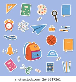 School objects,office supplies and accessories isolated set stickers