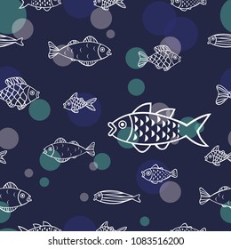 School of ocean fish outline seamless vector. 