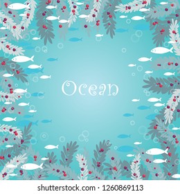 School of ocean fish are swimming with seaweed under the sea border vector for decoration on summer and Christmas summer festival.