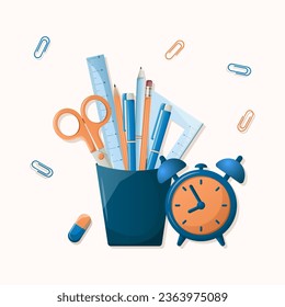 School office. Blue stand with pens, pencils, rulers and scissors. Basic items needed for learning. Vector illustration with gradient and shadows.