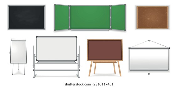 School office boards realistic set with isolated images of empty blackboards chalkboards and easels for pen vector illustration