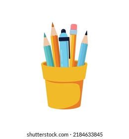 School or office cup for pen and pencil on white background. Cartoon flat stationery vector illustrations.