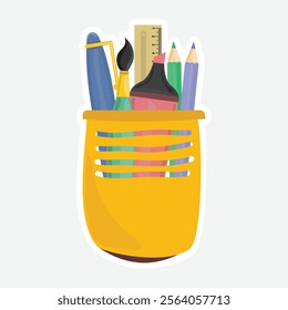 School or office cup for pen and pencil Vector illustration Sticker. Vector sticker of a school or office cup for pens and pencils. Ideal for stationery and desk-themed decorations