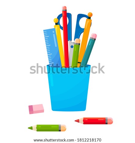 School or office Cup for pens and pencils. Bright flat illustration on a white background. Pens, scissors, pencils, and rulers. stationery holder symbol design. colored collection.