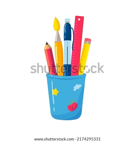 School or office Cup for pens and pencils. Bright flat vector illustration on a white background. Pen, brush, pencils, and ruler stationery holder.