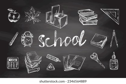 School and office hand drawn set. Office supplies, books, study. Vintage sketch element on chalkboard background. Back to School. School essential illustration.	