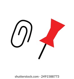School or office items in flat style illustrated paperclip and pushpin doodle colors