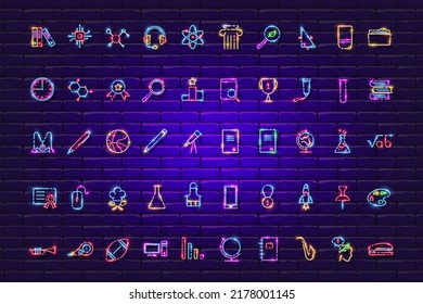 School And Office Neon Signs Set. Study, Science, School, University, Distance Learning, E-learning Icon. Vector Illustration For Design, Website, Advertising