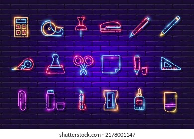 School and office neon signs set. Study, science, school, university, distance learning, e-learning icon. Vector illustration for design, website, advertising