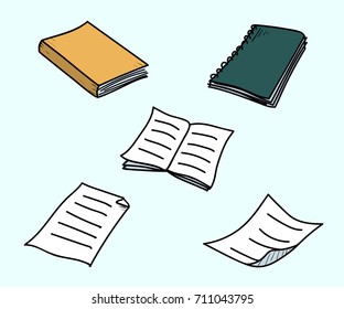 School and office objects - Books, notebook and loose pages. Vector doodle illustration in eps10