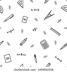 School, office seamless pattern for web pages, mobile applications. Stationery items: notebook, pen, numbers, graph, cell.