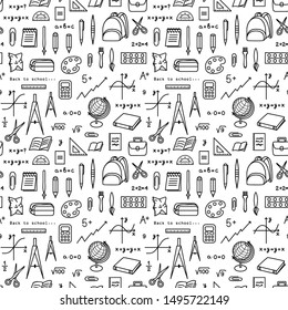 School, office seamless pattern for web pages, mobile applications. Stationery items: notebook, pen, numbers, graph, cell.