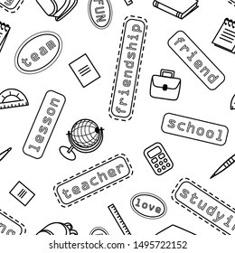School, office seamless pattern for web pages, mobile applications. Image of stationery items and stripes with text.