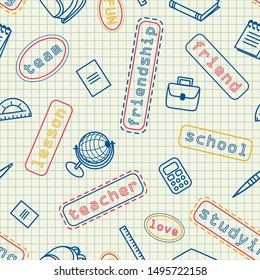 School, office seamless pattern for web pages, mobile applications. Image of stationery items and stripes with text on a sheet in a cage.