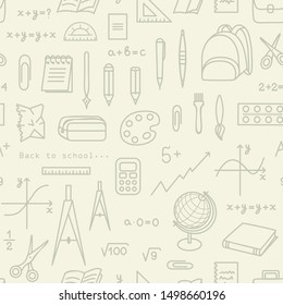 School, office seamless pattern for web pages, mobile applications. Stationery items: notebook, pen, numbers, graph, cell.