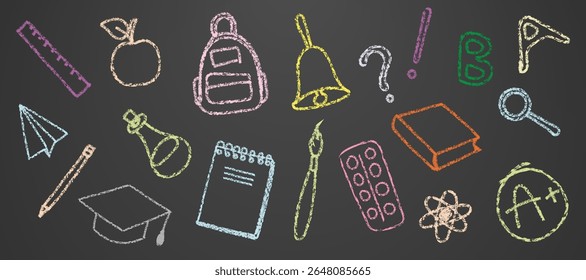 School office set, doodles painted in chalk on a dark school board background. Education sketchy with school supplies. Linear doodle style. Vector EPS10