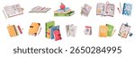 School and Office Set. Notebook, Planner, Books and Supplies in Flat Design. Back to School. Textbooks with Sticky, Pens, Highlighters. Educational Content, Social Media, and Stationery Design.