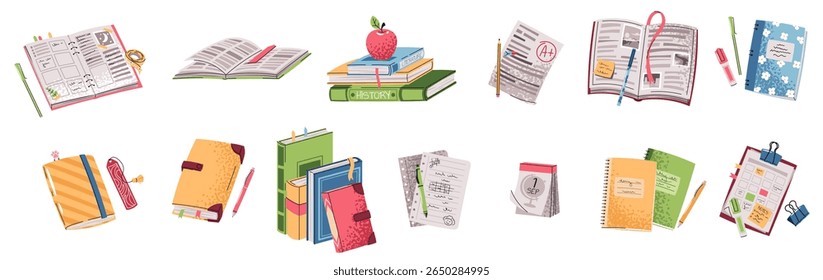 Escola e Escritório. Notebook, Planejador, Livros e Suprimentos em Design Plano. De volta à escola. Livros didáticos com Sticky, canetas, iluminadores. Conteúdo educacional, mídias sociais e design de papelaria.