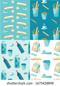 Schule und Büro Stationary, Lehrmaterial Bücher, Kaffee Keramik-Takeaway-Cup. Heiße Getränke Alkoholische Getränke für die Pause. Nahtloses Muster. Vektorillustration Endloses Design. Wiederholte Illustration