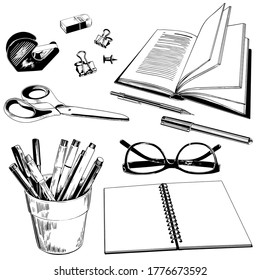 School and office stationery. Book, notebook, pen holder, scissors and glasses. Black and white vector illustration.