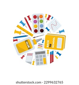 school, office stationery circle background. calculator, pencils, tube of glue, paints, notebook, calendar. education supplies for children study. vector cartoon flat items