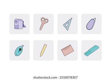 School and Office Stationery Icons - Colorful Soft Pastel