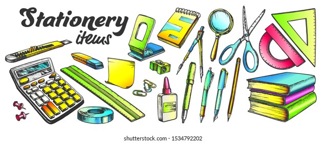 School And Office Stationery Items Color Set Vector. Stationery Knife And Pen, Calculator And Books, Ruler And Scissors, Eraser And Paper. Engraving Mockup Drawn In Retro Style Illustrations
