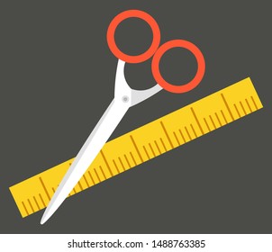 School and office stationery. Scissors with red rings to cut paper. Yellow ruler with scale to measure centimeters and millimeters or inches vector illustaration. Back to school concept. Flat cartoon