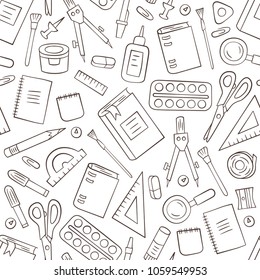 School and office stationery. Seamless pattern in doodle and cartoon style. Outline. Vector. EPS 8