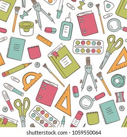 School and office stationery. Seamless pattern in doodle and cartoon style. Color. Vector. EPS 8