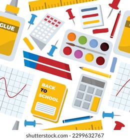 school, office stationery seamless pattern. calculator, pencils, tube of glue, paints, notebook, calendar. education supplies for children study. vector cartoon flat items
