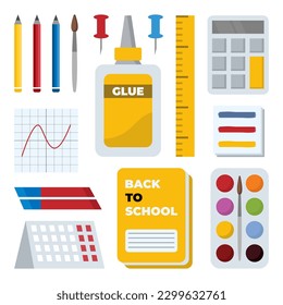 school, office stationery set. calculator, pencils, tube of glue, paints, notebook, calendar. education supplies for children study. vector cartoon flat items