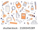 School and office stationery set. Doodle pen, pencil, marker, notebook, ruler and backpack. Vector flat icons of education supplies, scissors, calculator, magnifier and paints
